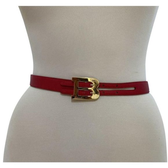Bally Red Leather w Gold B Logo Buckle Belt